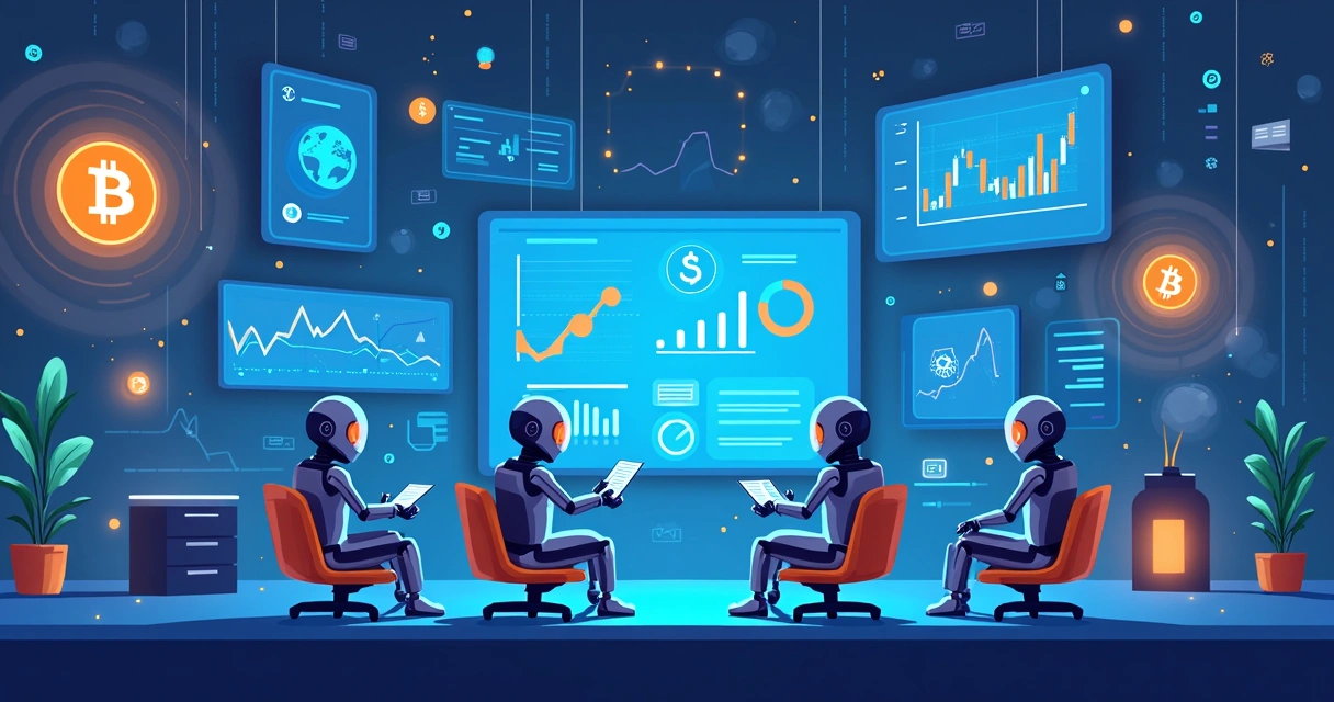 Robôs analisando dados financeiros e criptoativos em múltiplas telas digitais