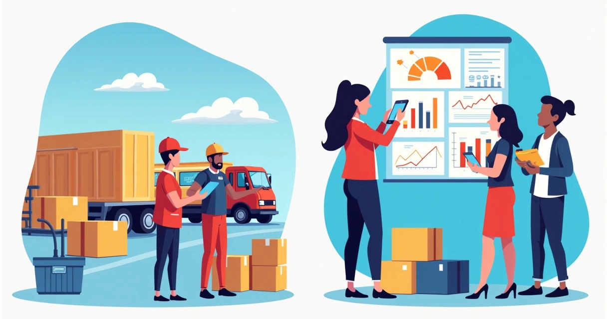 Equipe de logística usando IA para otimizar entregas e área de vendas analisando relatórios de IA