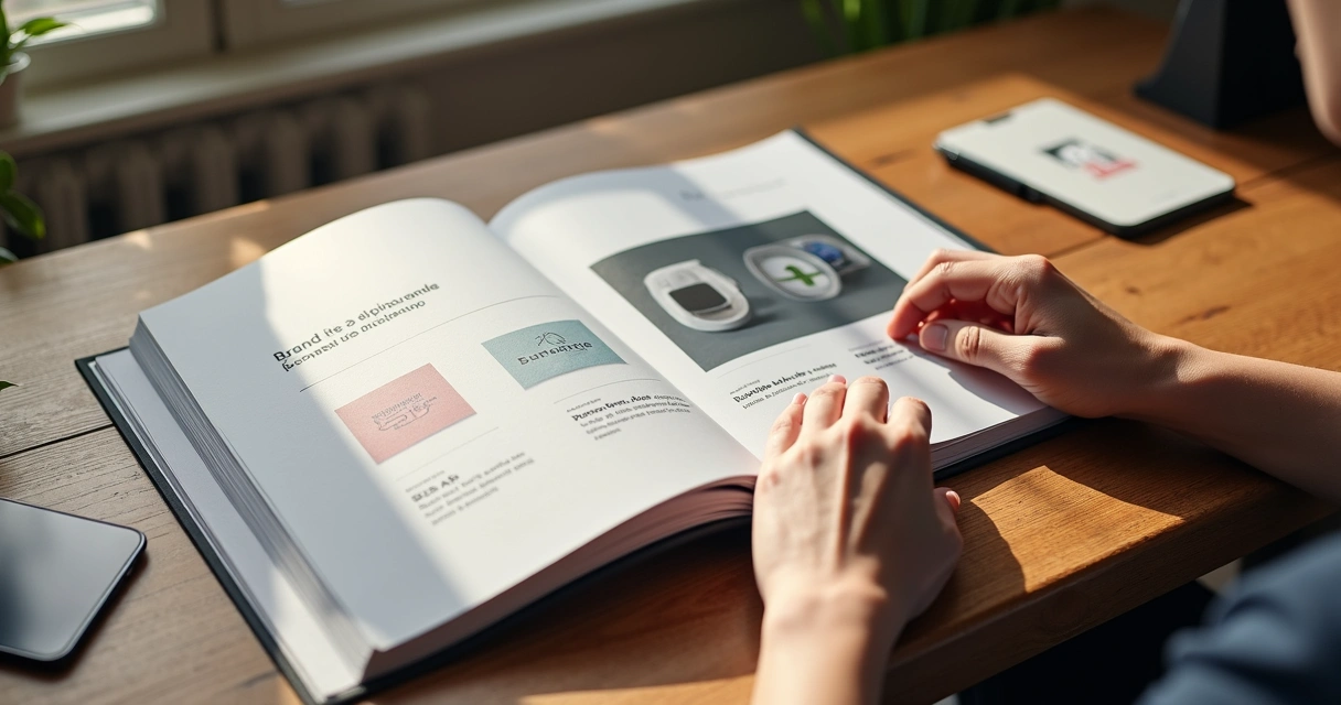 Brand book aberto mostrando aplicações de identidade visual 