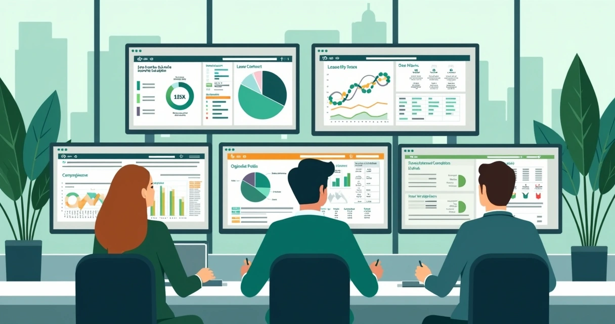 Equipe da contabilidade usando ERP moderno para controlar arrendamentos