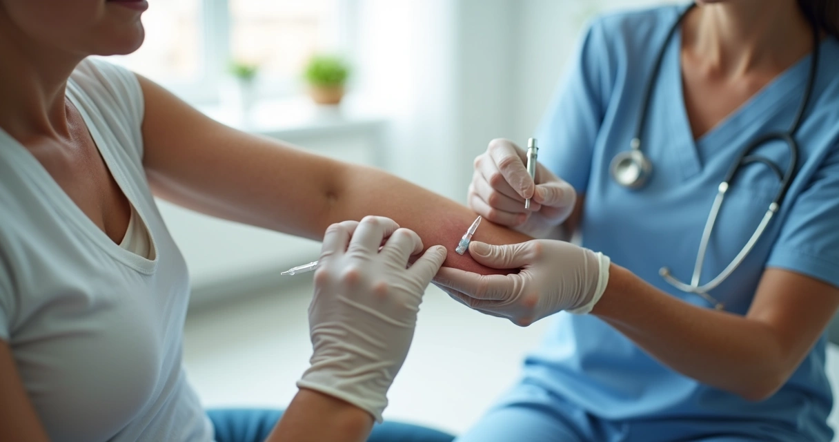 Aplicação de implante hormonal subcutâneo no antebraço de mulher madura 