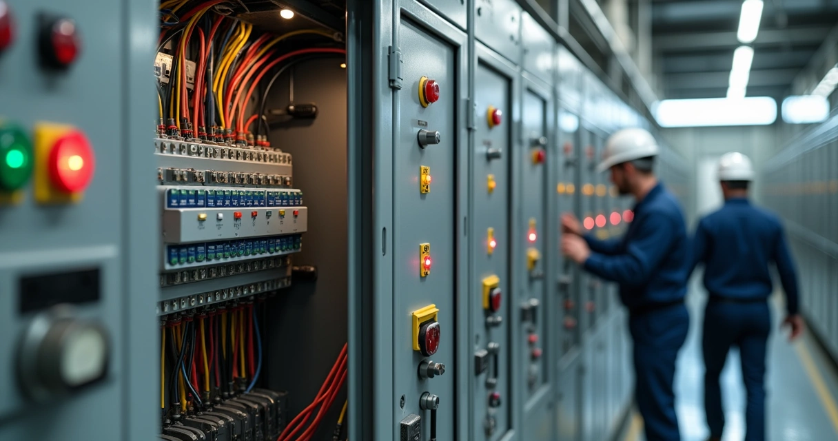 Painel elétrico industrial com cabos coloridos e dispositivos de controle 