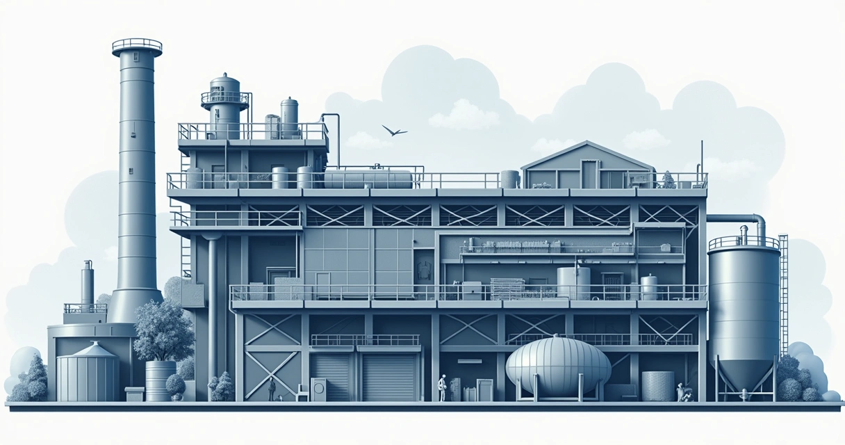 Vistas de aplicação estrutural metálica em indústria, galpão e passarela. 