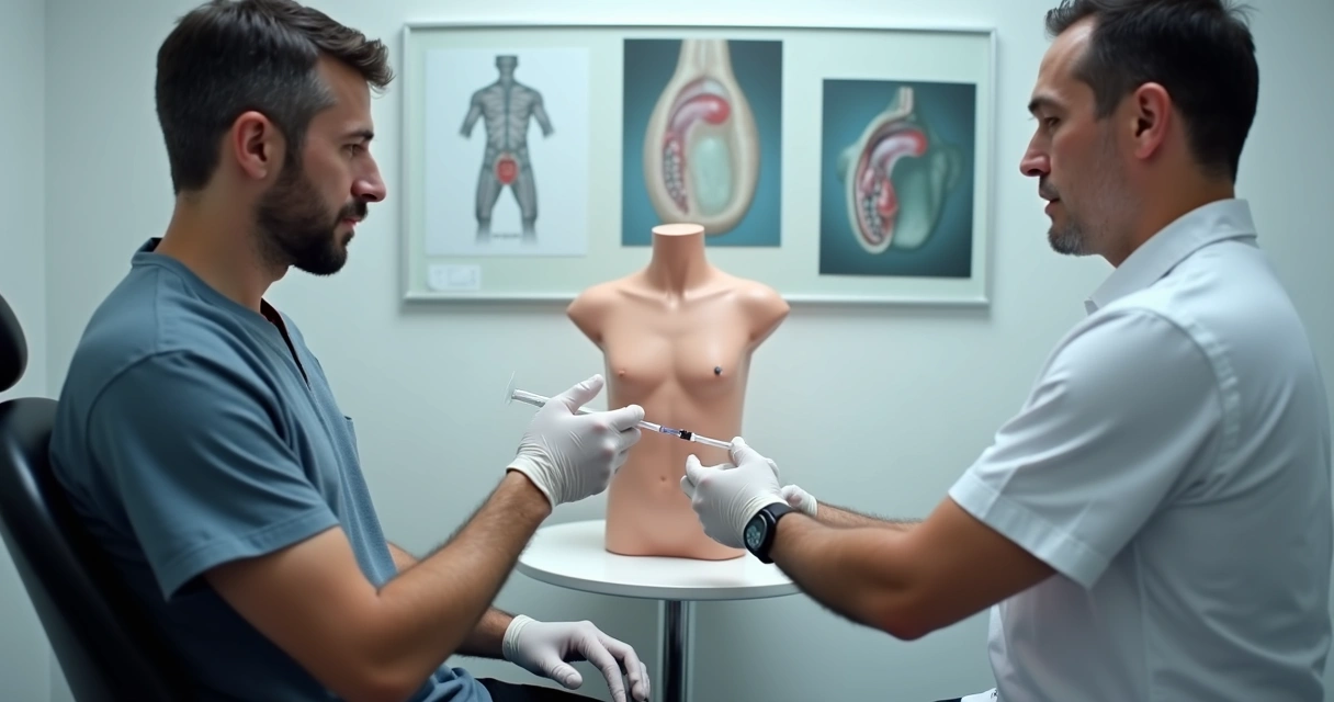 Aplicação de injeção peniana com técnica segura 