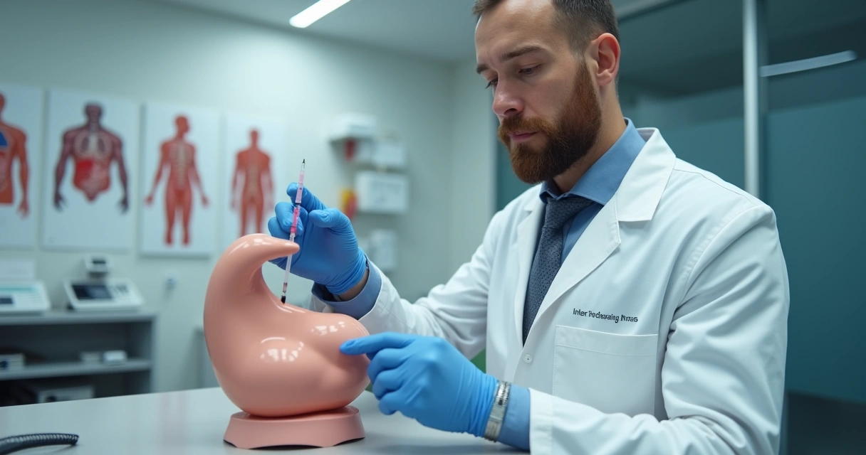 Médico demonstrando aplicação de injeção peniana em consultório 