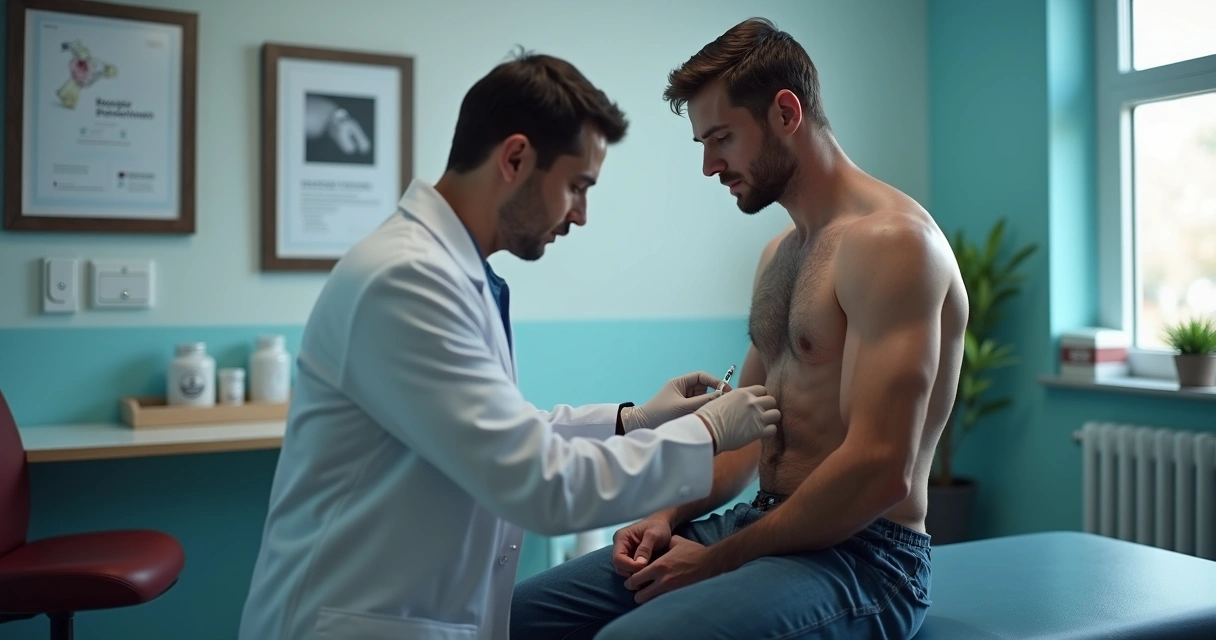 Aplicação de injeção de testosterona em nádega masculina.