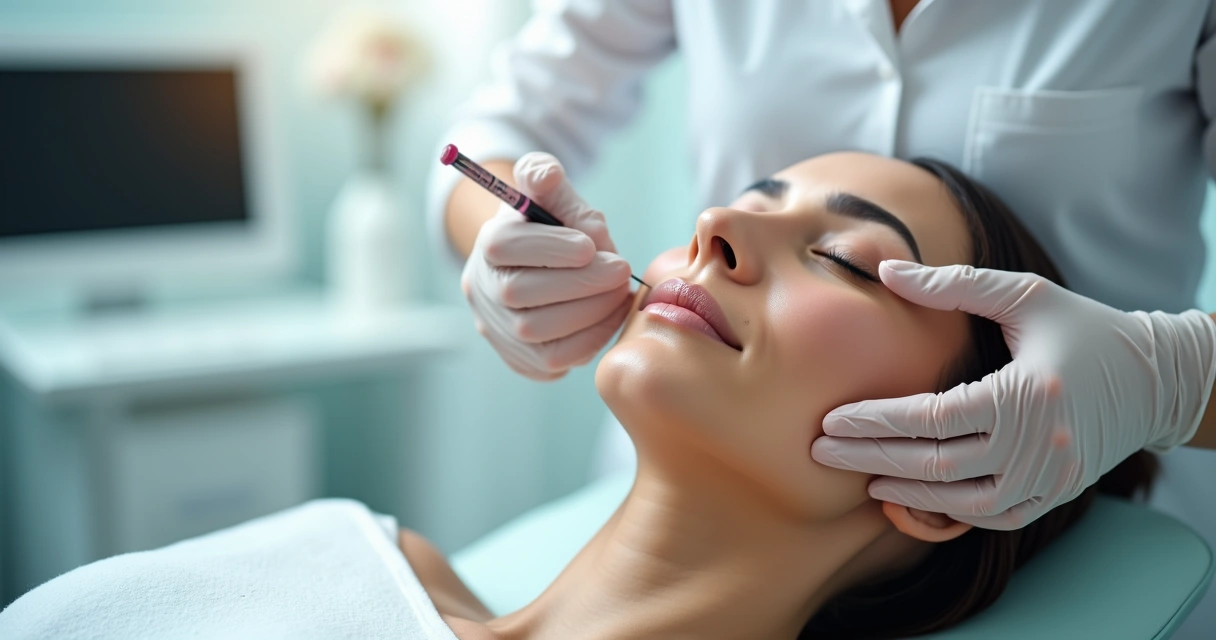 Profissional aplicando injetável facial em paciente em ambiente clínico 