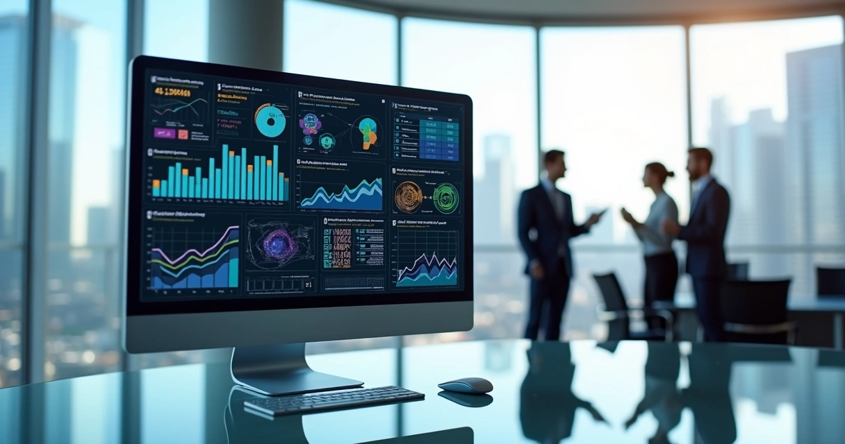 Tela de dashboard moderno com gráficos e algoritmos de IA em ambiente empresarial