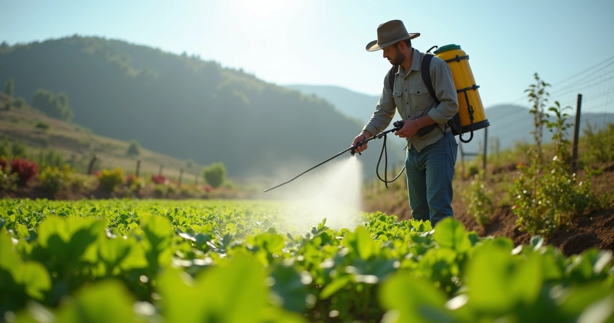 Farmer spraying organic insecticide on vegetable crops. 