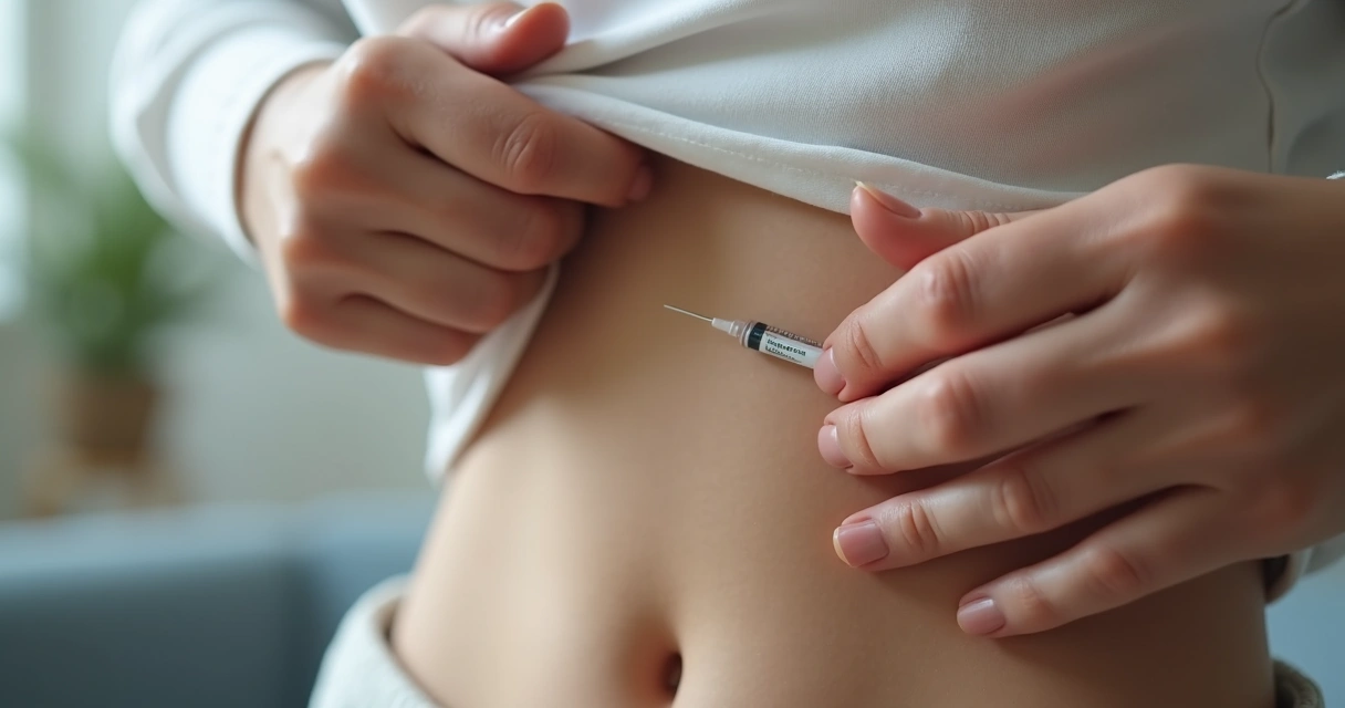 Pessoa aplicando insulina na barriga com seringa fina 