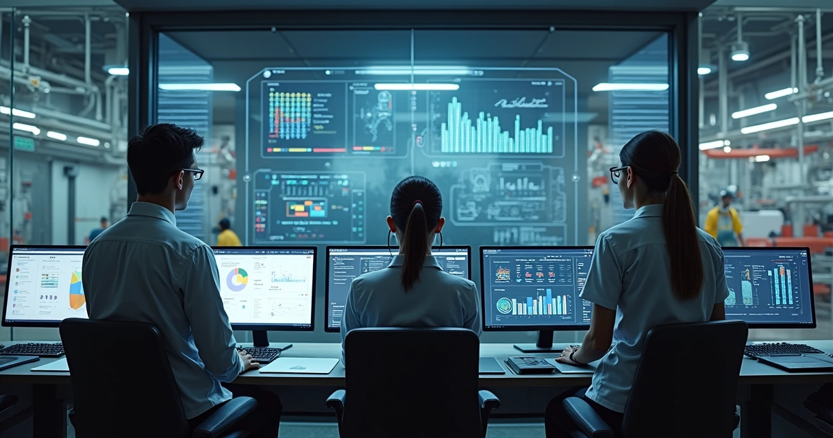 Aplicação de inteligência artificial em ambiente industrial, com profissionais analisando dados em diferentes telas 