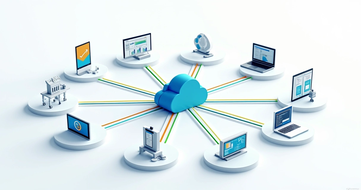 Diagrama colorido de sistemas empresariais conectados por APIs