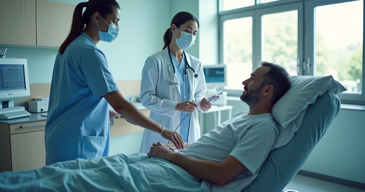 Equipe médica aplicando infusão intravenosa de Lutécio-177 em paciente sentado. 