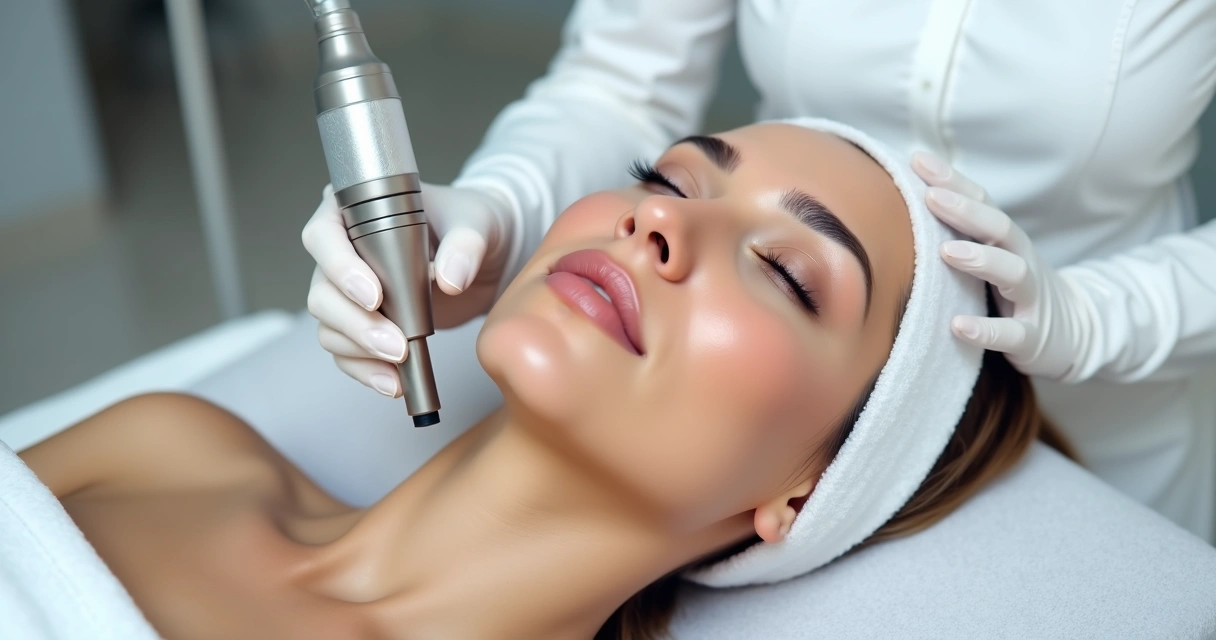 Profissional aplicando laser facial em paciente, sala clara, foco no rosto 