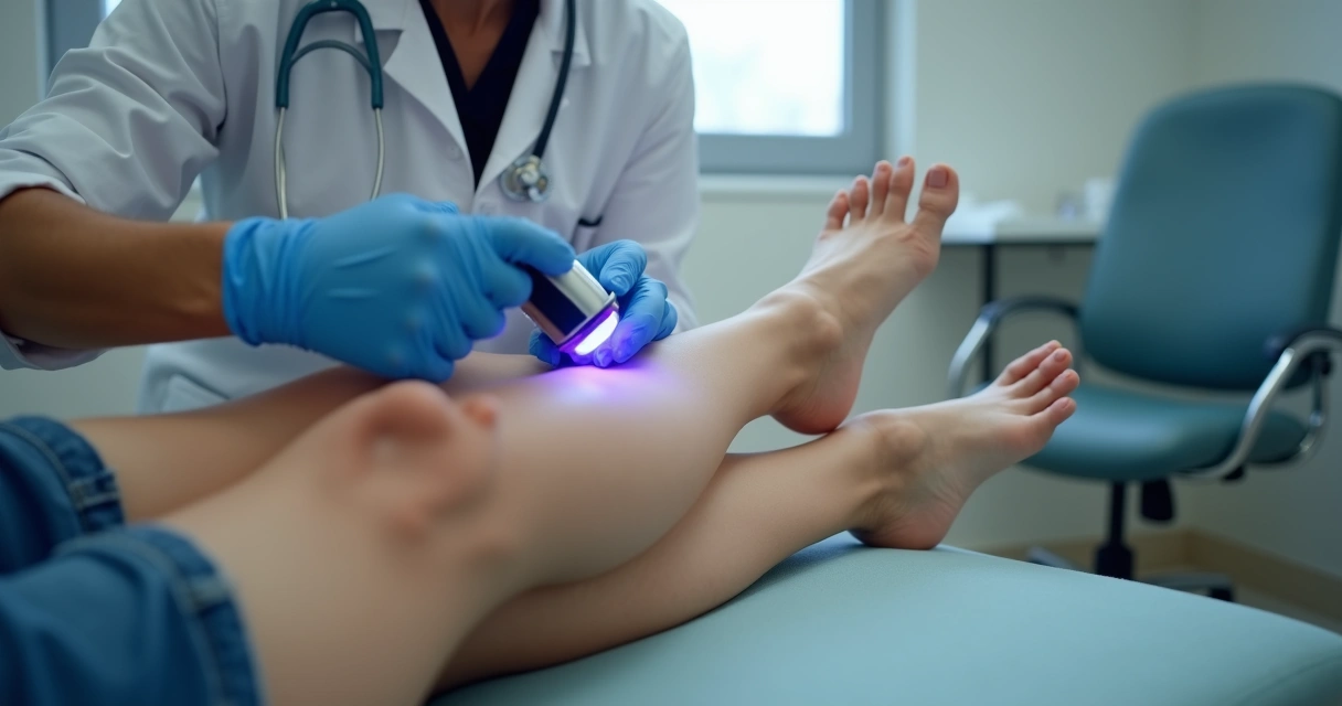 Aparelho de laser sendo aplicado em perna com varizes finas 