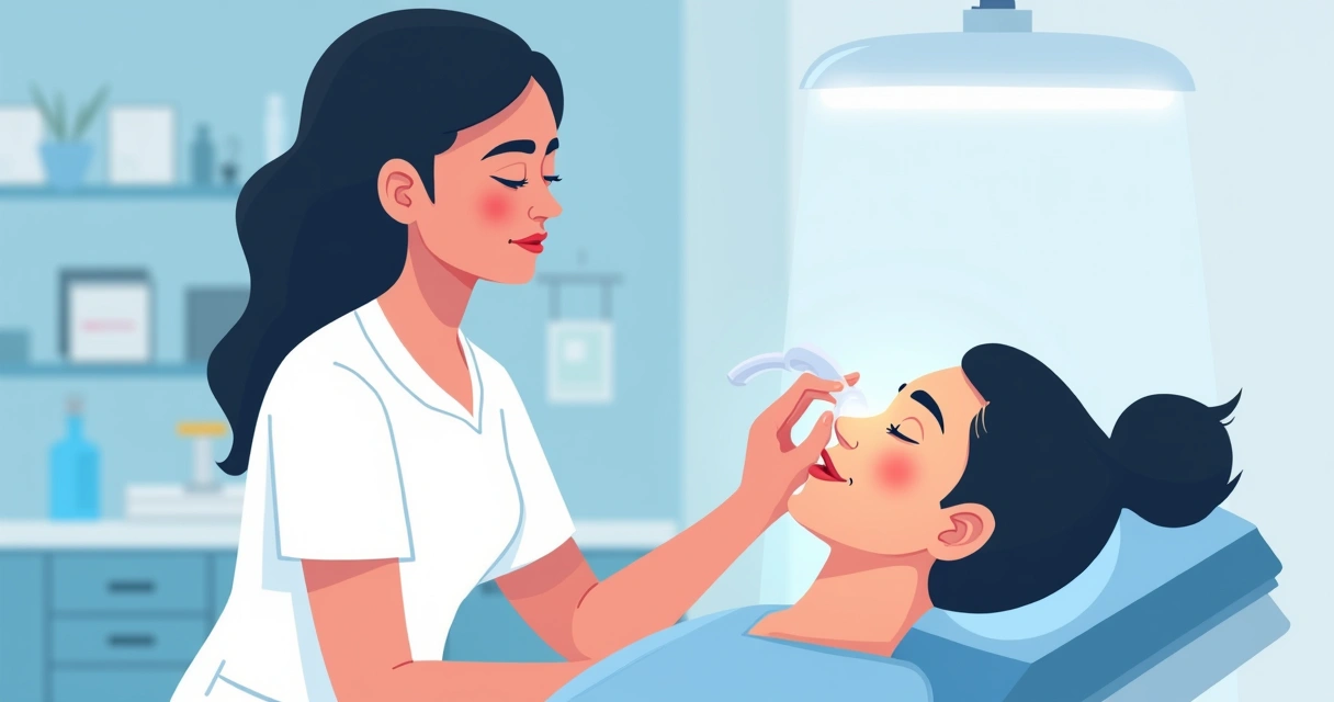 Aplicação de LED em protocolo facial, aparelho próximo ao rosto feminino 