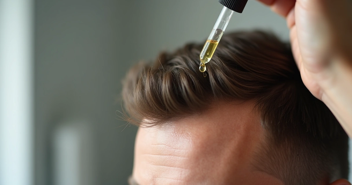 Aplicação de loção capilar em couro cabeludo masculino