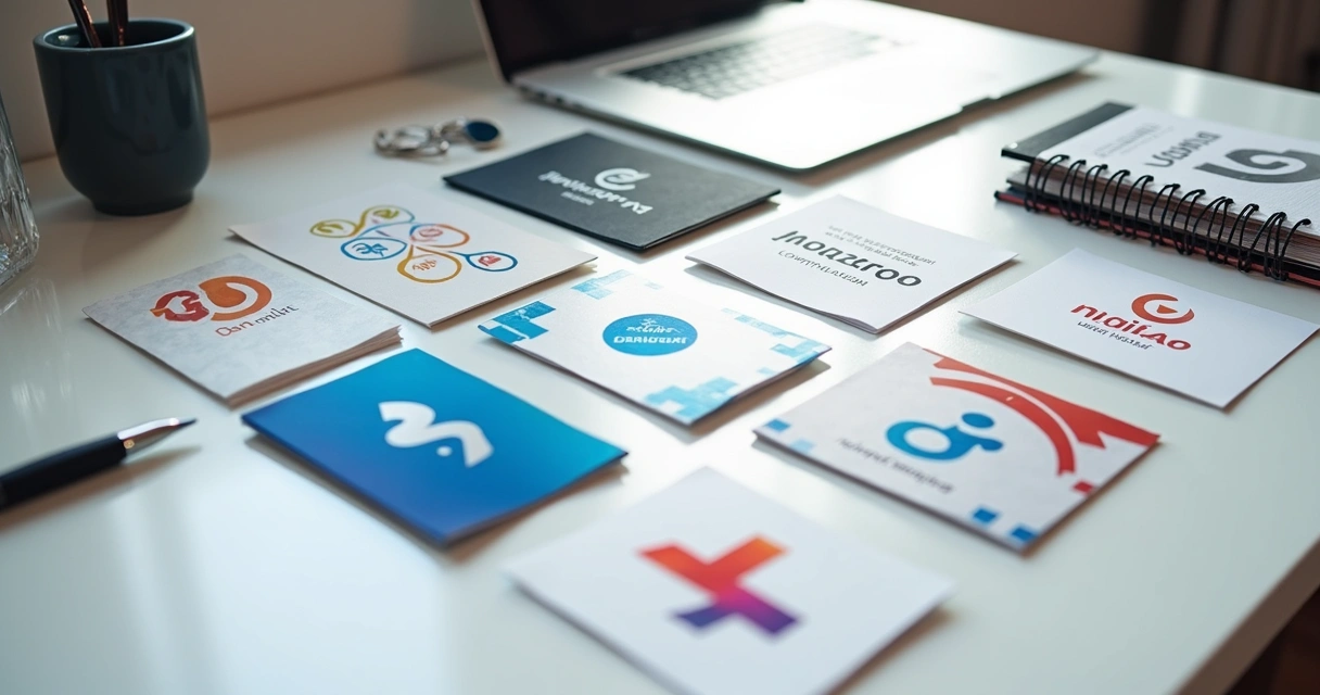 Diferentes aplicações de logotipo corporativo em formatos digital e impresso 