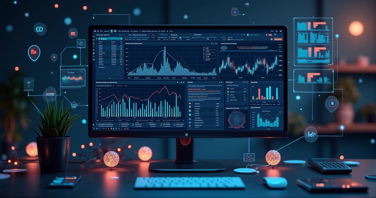 Gráficos de análise financeira digital com computador e dados em tempo real 