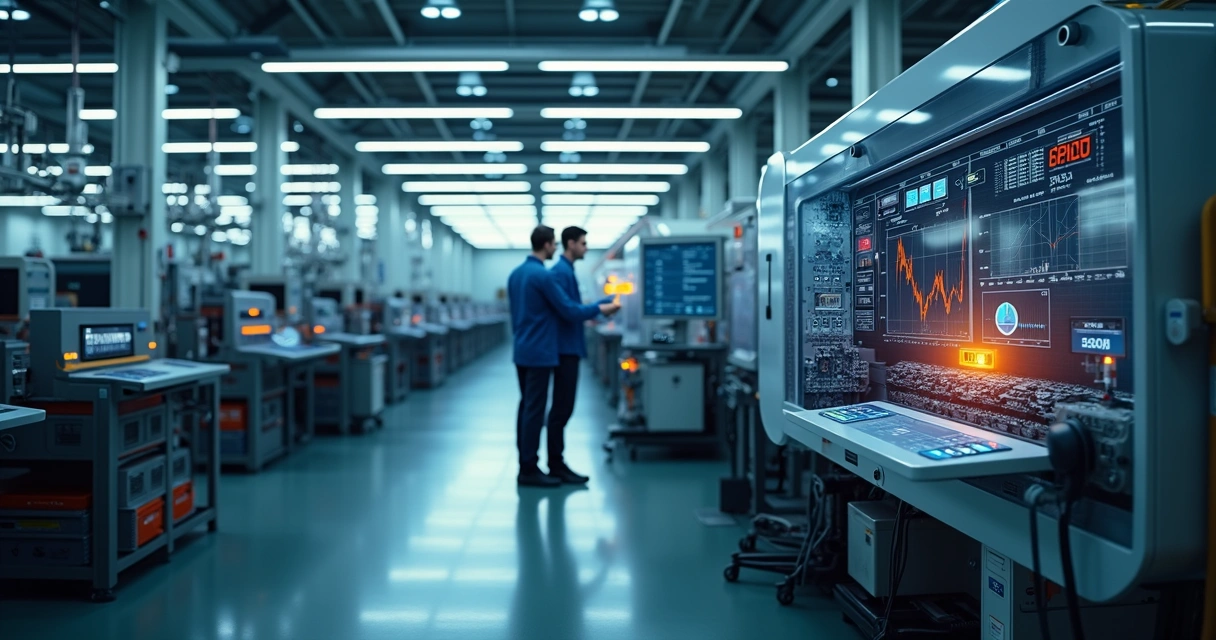 Máquinas industriais modernas com sensores e painéis de dados 