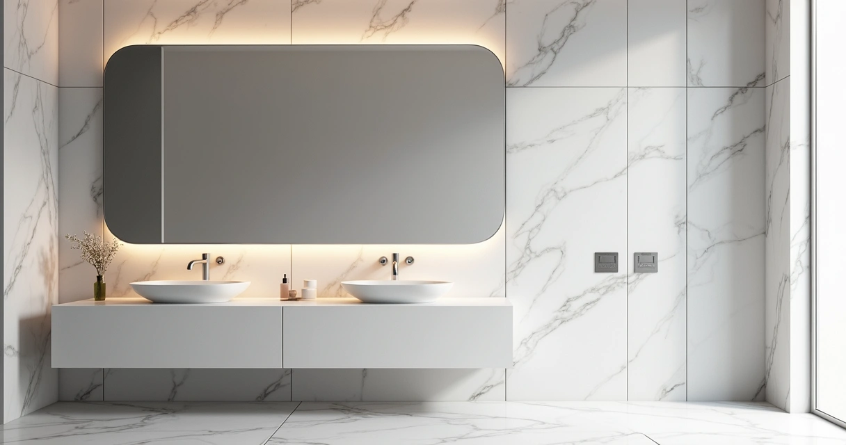 Banheiro com parede de mármore branco, espelho amplo e iluminação suave 