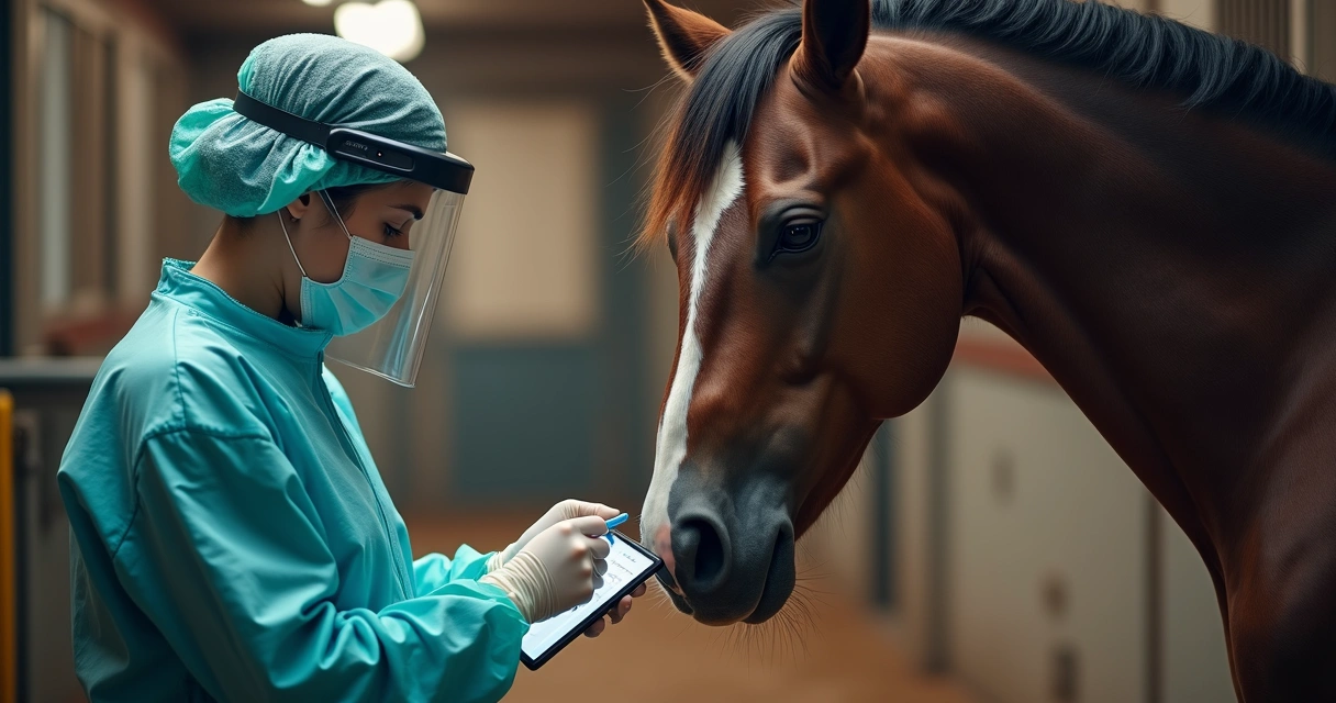 Pessoa aplicando medicamento em cavalo com procedimento seguro 