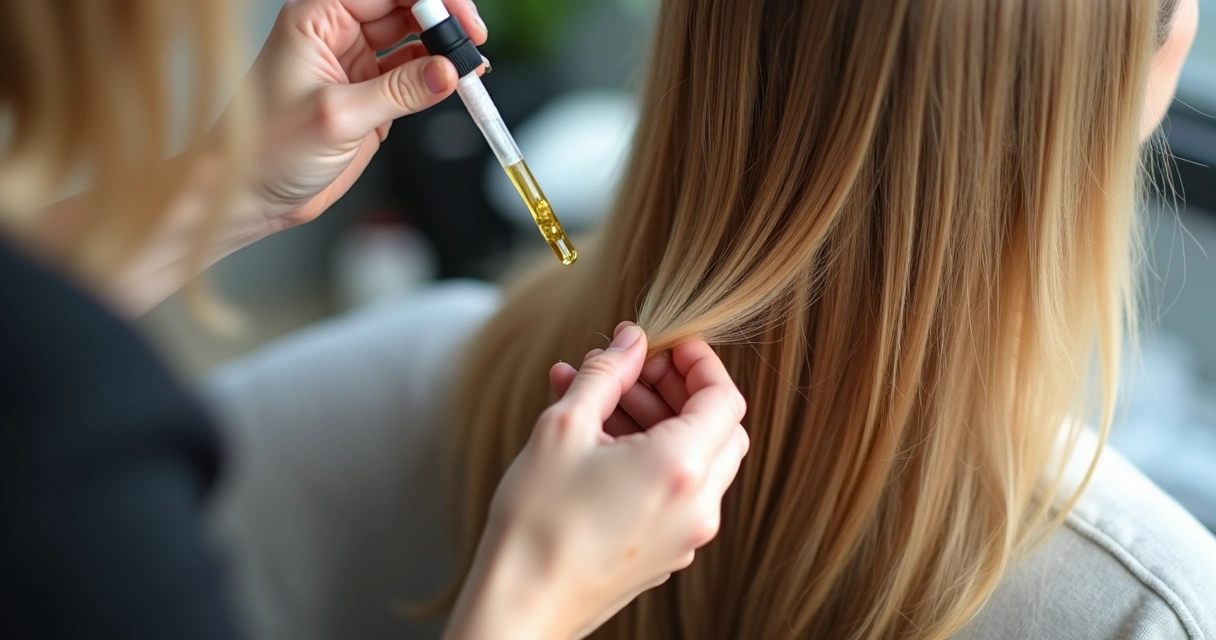Aplicação de óleo capilar nas pontas do cabelo em salão 