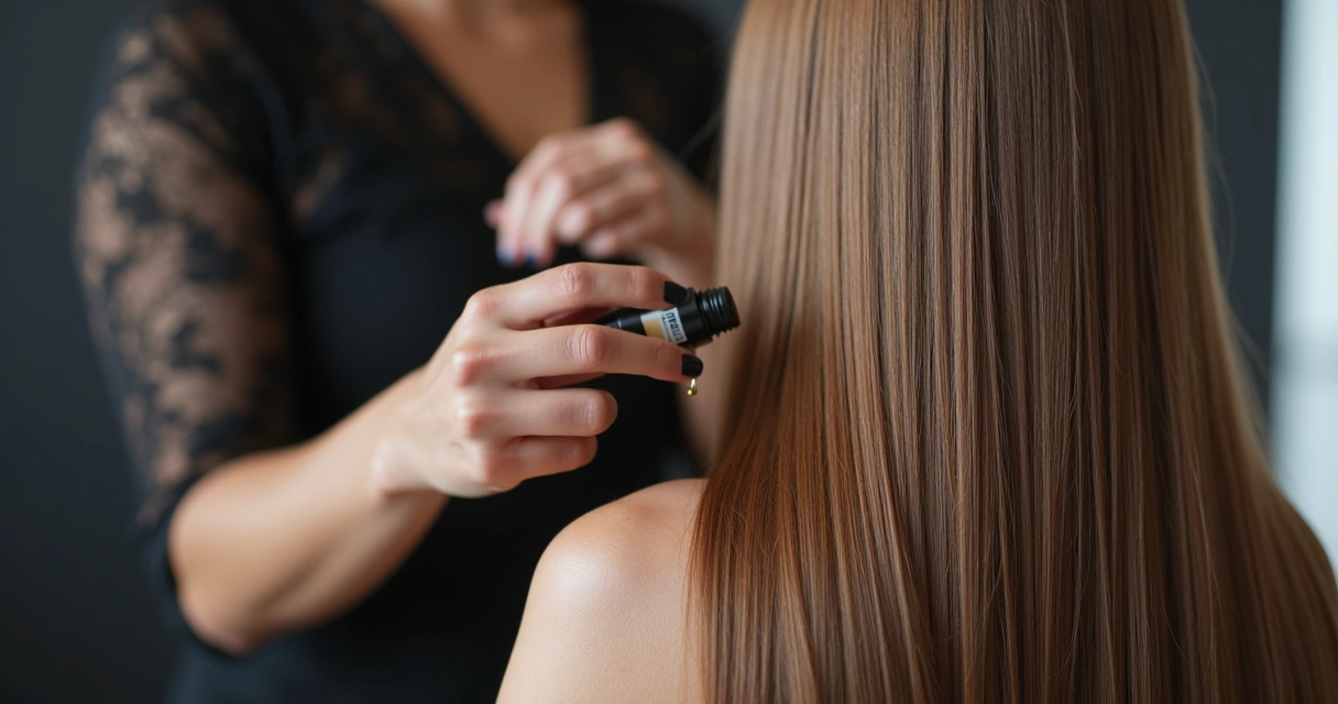 Cabelo feminino longo sendo finalizado com óleo para brilho 
