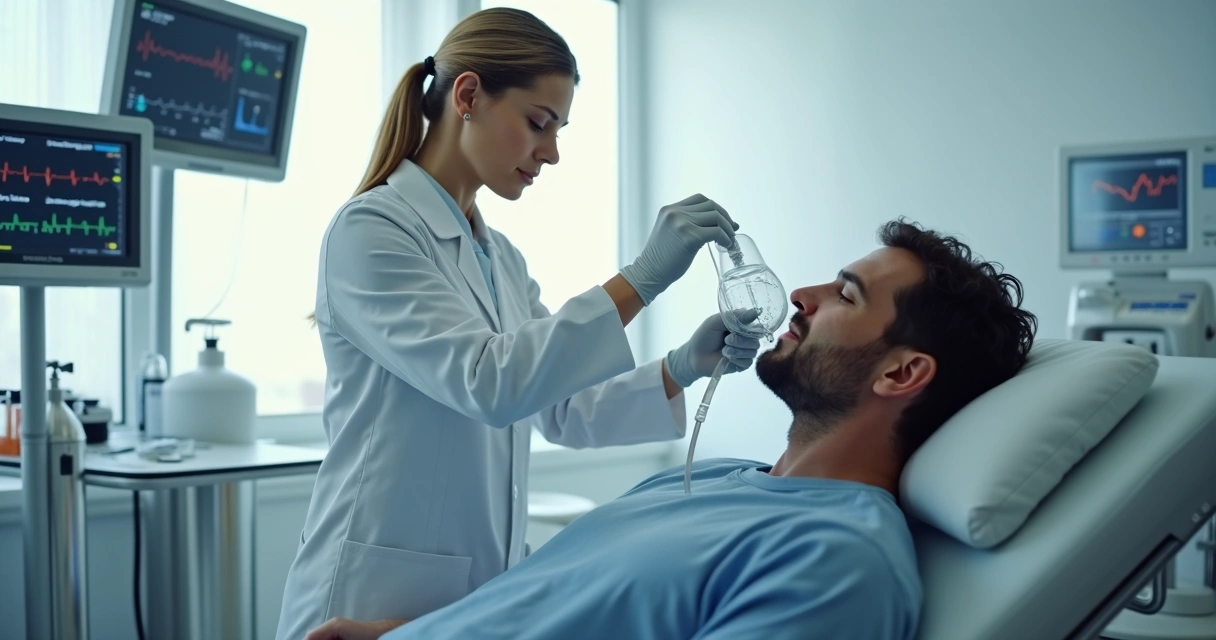 Profissional aplica máscara nasal de oxido nitroso em paciente sentado em maca 