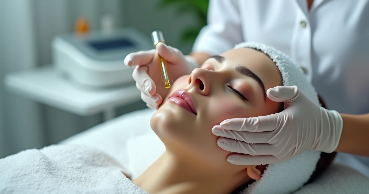 Aplicação de ozonioterapia no rosto feita por profissional em ambiente de salão 