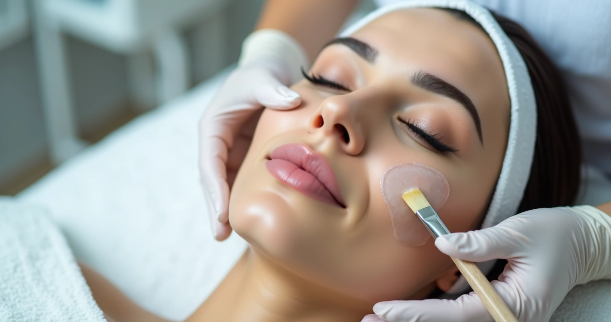 Profissional da saúde estética aplicando peeling químico em paciente feminina 