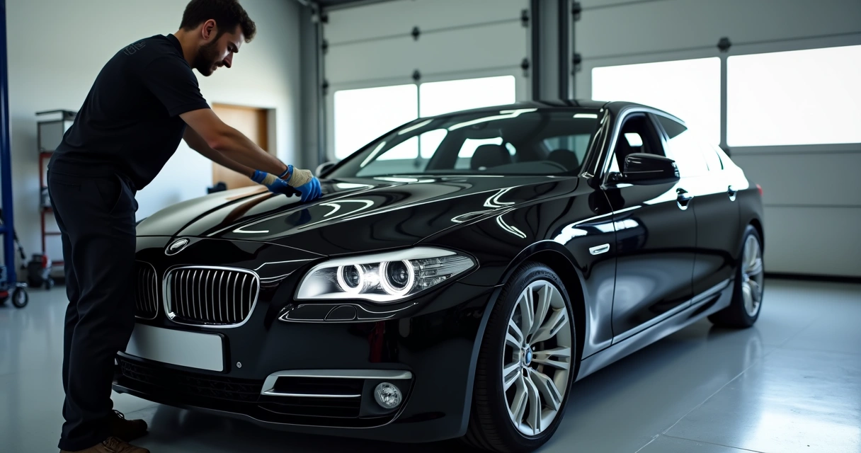 Veículo preto estacionado em oficina com técnico aplicando película automotiva no para-brisa dianteiro, ambiente iluminado e limpo 