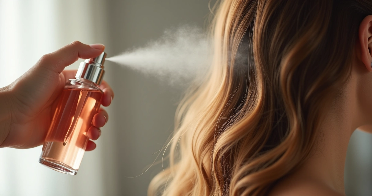 Pessoa aplicando perfume capilar em cabelos finalizados com penteado 