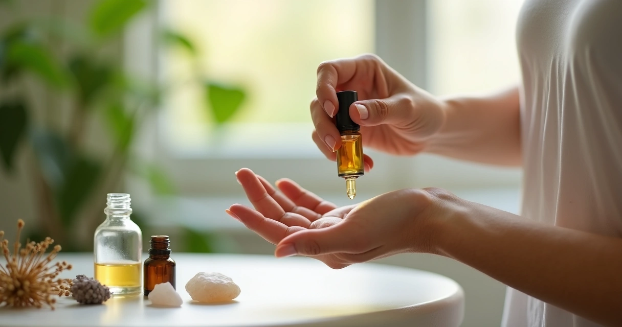 Mulher aplicando perfume natural nos pulsos com fundo suave 