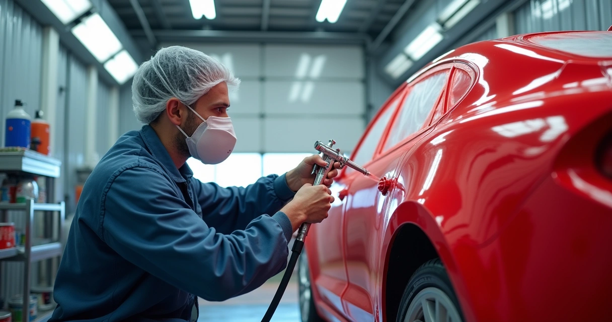 Profissional aplicando pintura em carro com pistola 