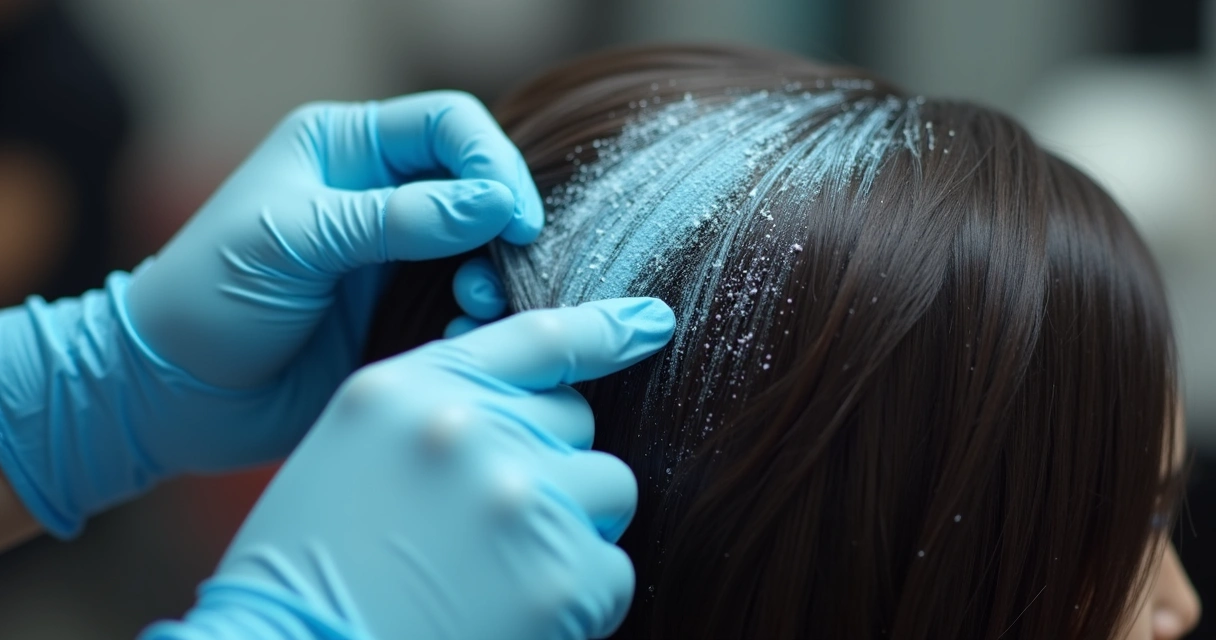 Profissional aplicando pó descolorante azul em cabelo escuro, fundo de salão de beleza 