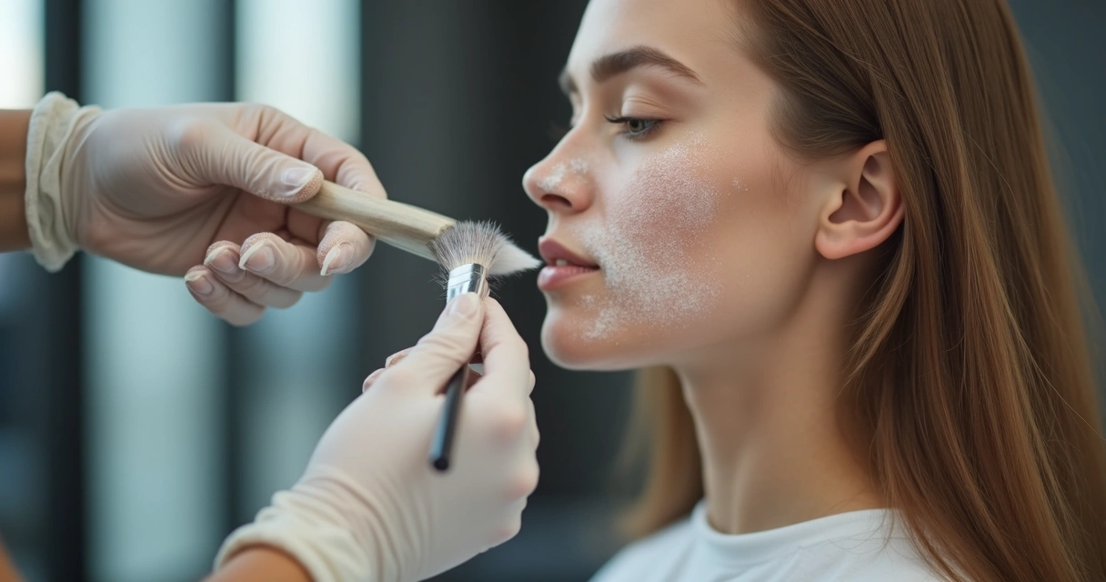 Profissional aplicando pó descolorante em cabelo feminino com pincel 