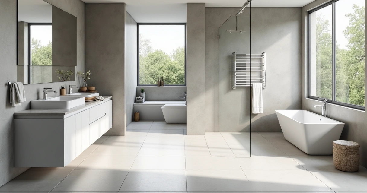 Porcelanato x Cerâmica: Diferenças, Absorção e Normas em 2026 2 Porcelanato aplicado em banheiro e cozinha, ambientes claros e seguros