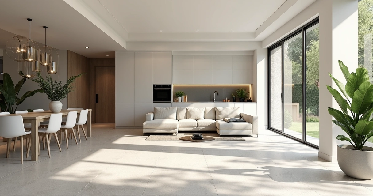 Ambiente integrado com piso claro e parede revestida com porcelanato grande formato 