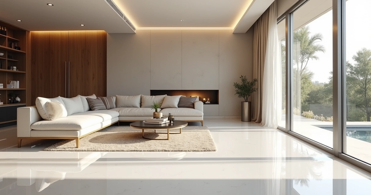 Sala moderna com piso de porcelanato líquido branco e decoração clean