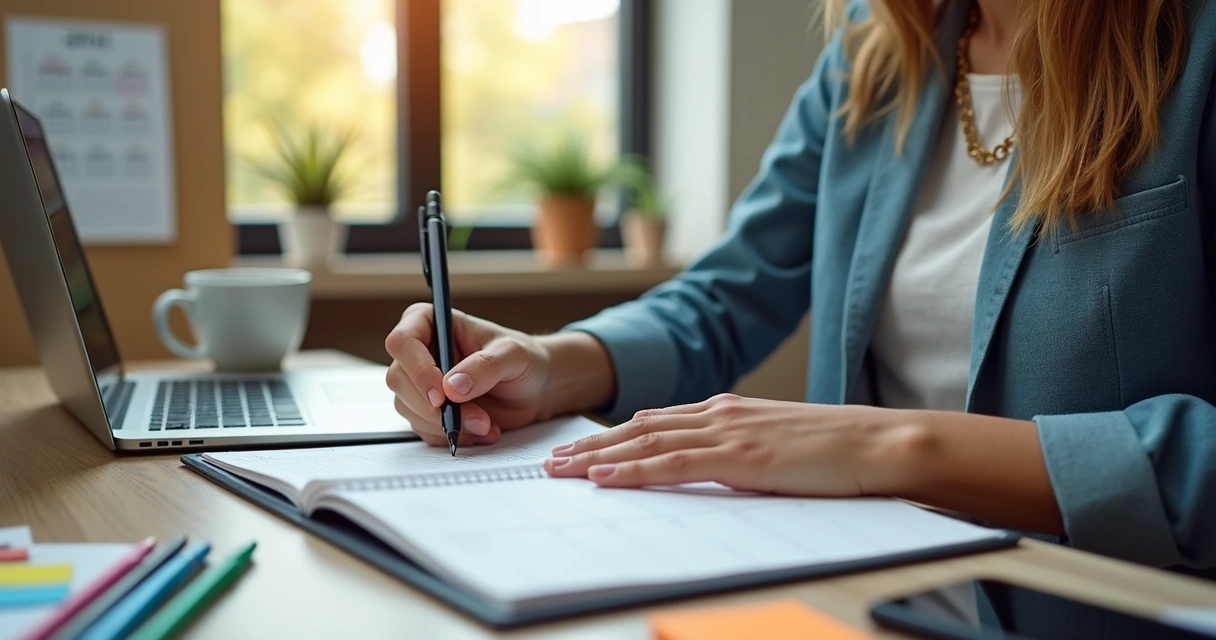 Pessoa usando um planner semanal em um ambiente de trabalho moderno 