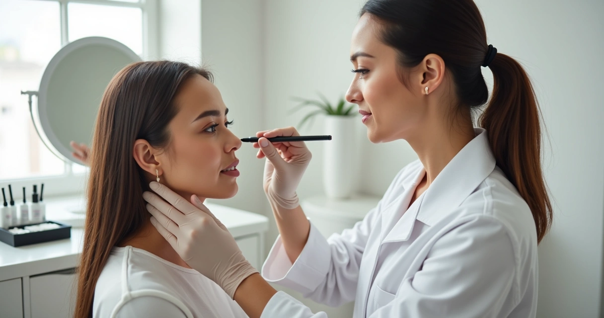 Profissional avaliando pontos do rosto antes do preenchimento facial