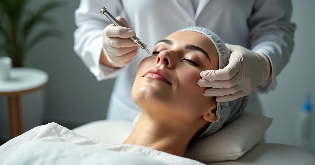 Aplicação de preenchedor facial com seringa em rosto feminino