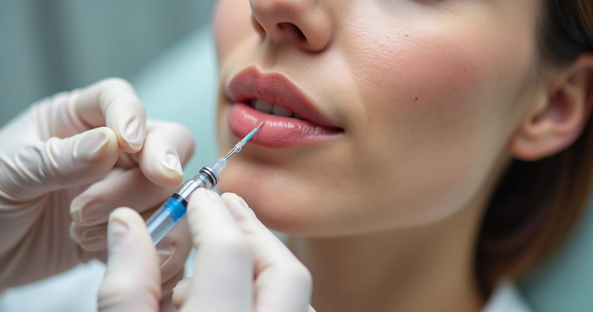 Profissional aplicando preenchimento labial com seringa 
