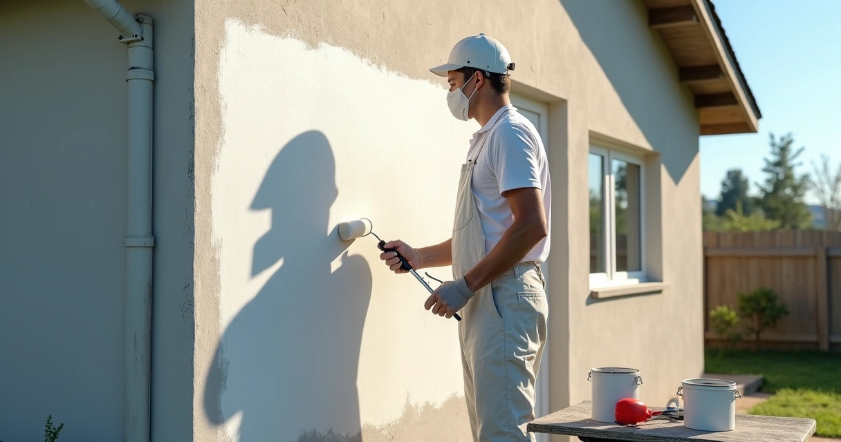 Aplicação de primer em parede de casa ao ar livre 