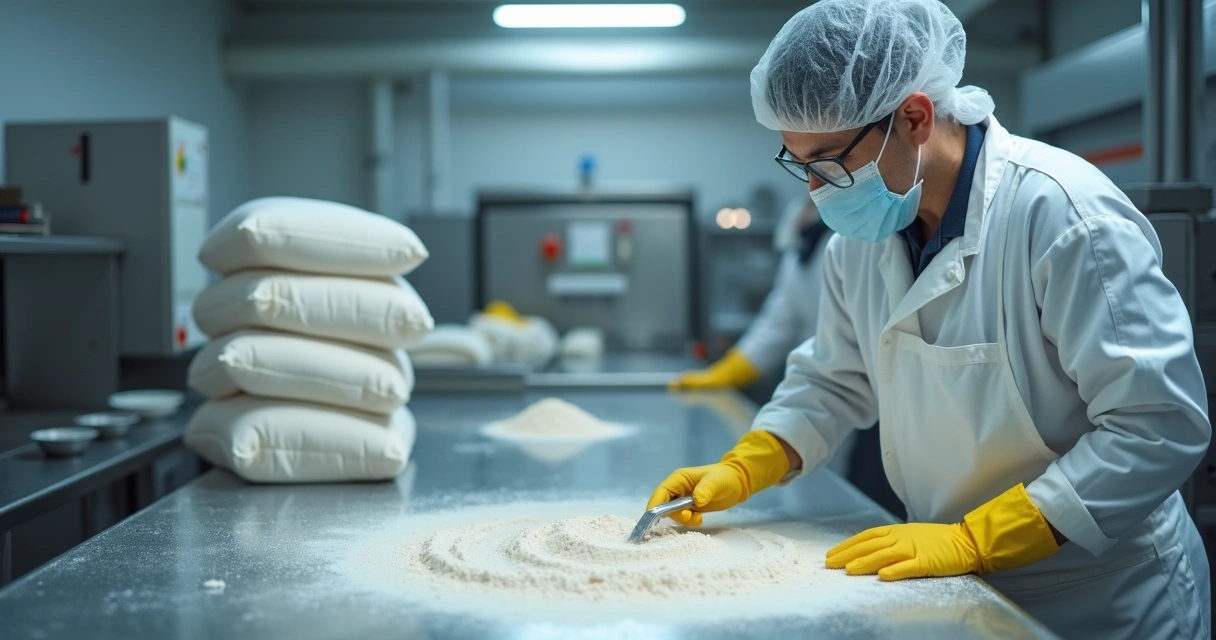 Funcionário aplicando produto desinfetante em pó sobre superfície alimentícia com equipamentos industriais ao fundo 