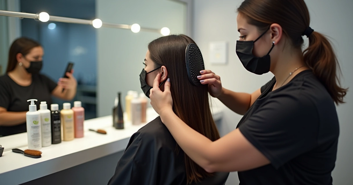 Cabeleireiro aplicando progressiva sem formol em cliente em salão, ambos usando máscara, produtos e utensílios organizados na bancada 
