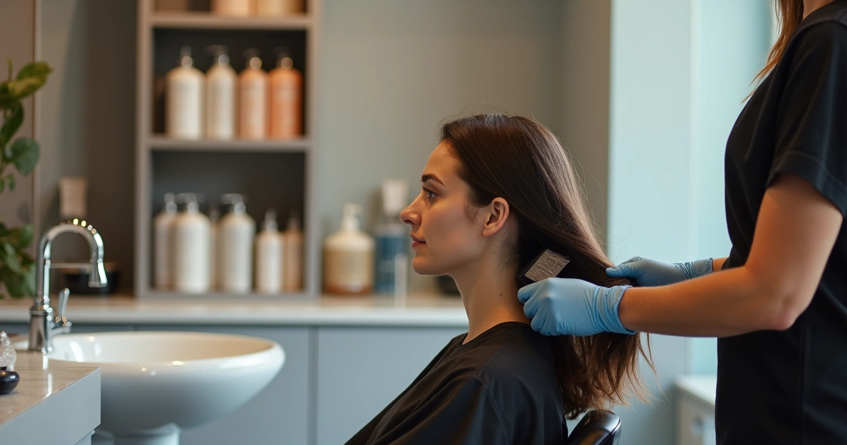 Profissional aplicando progressiva sem formol em cabelo de cliente no salão. 