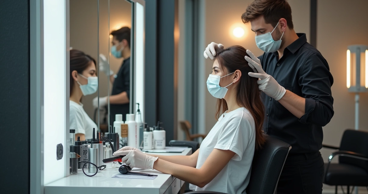 Profissional aplicando tratamento capilar em salão de beleza 