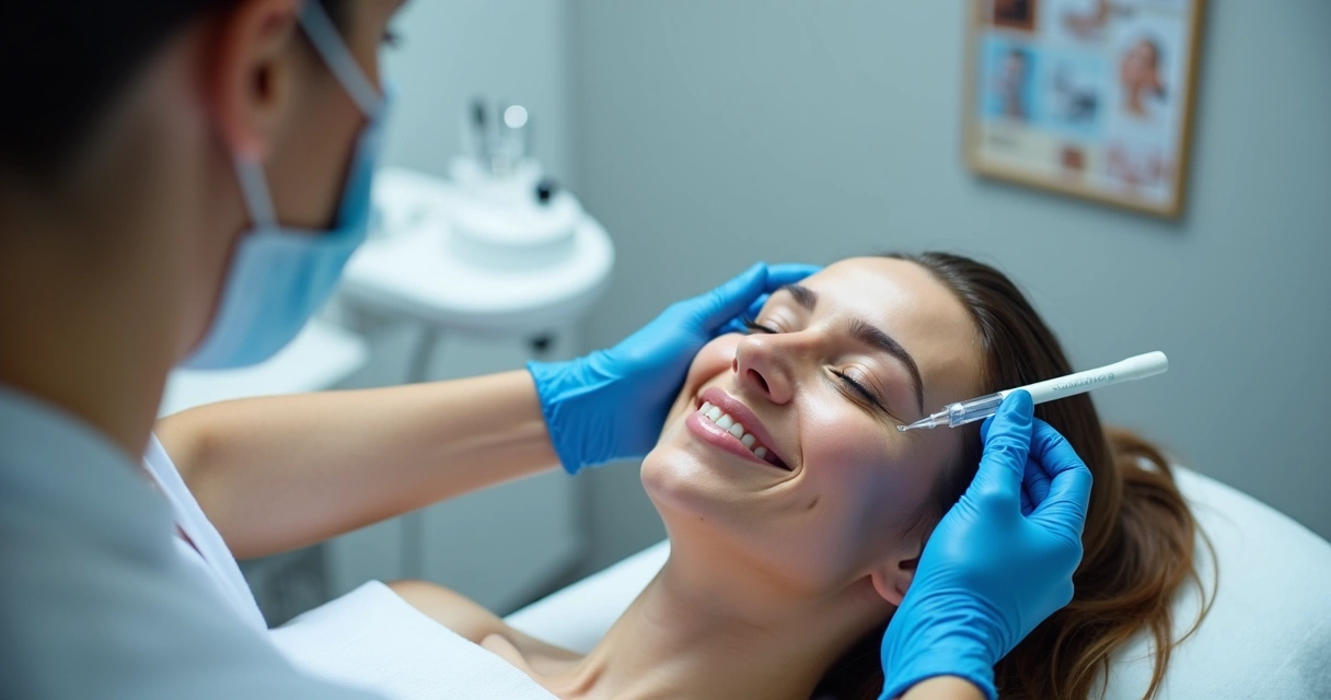 Aplicação de PRP no rosto com profissional usando luvas